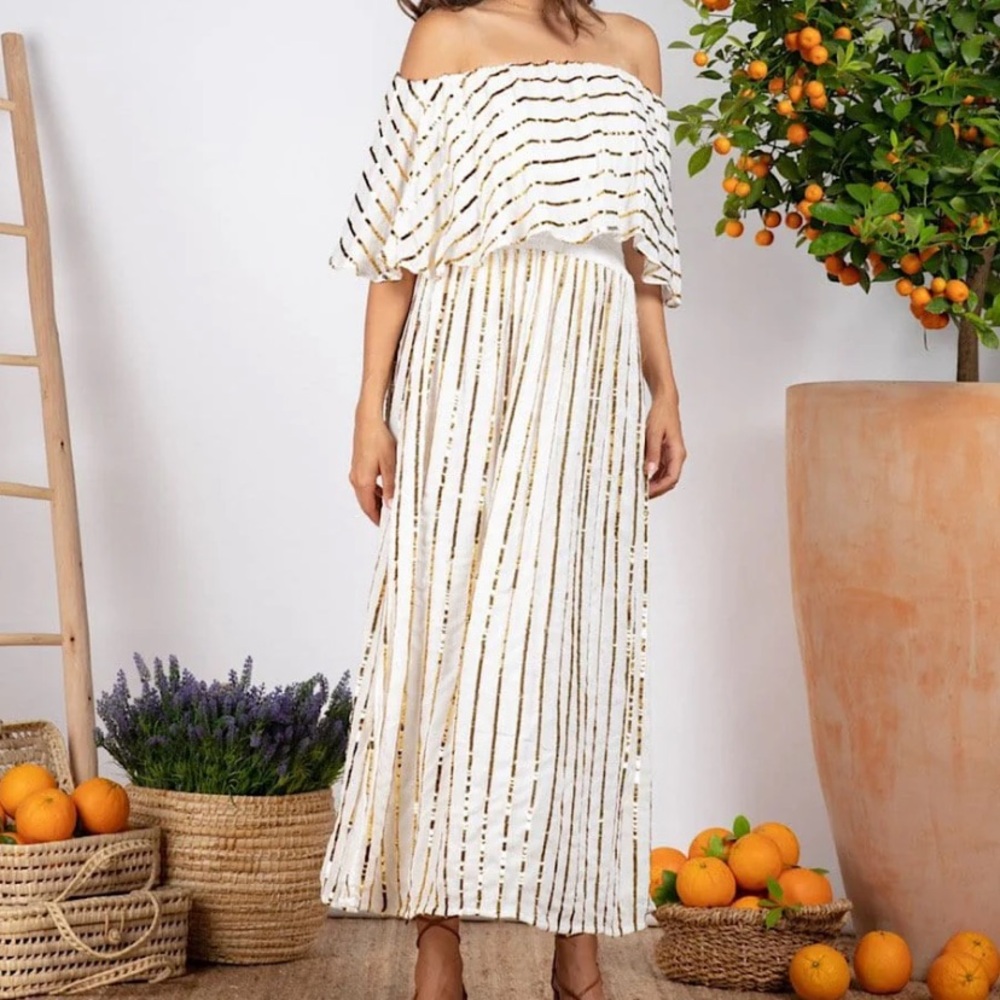Sundress White and gold sequin “Josephine” midi dress size M/L